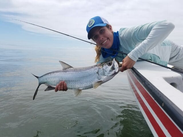 Kathryn and a small tarpon, Belize 2016. Photo/guiding Eworth Garbutt