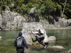 Kat scrambles while attached. Guiding Paul McDonald/Ben Hall, photo Vicky Linville